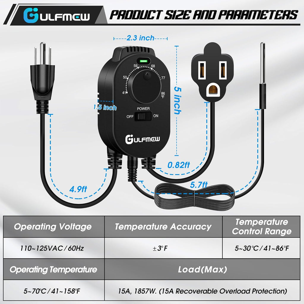 1 Pcs Thermostat Outlet for Heater, Temperature Controller Outlet with 4.9FT Power Cord, Heating and Cooling Thermostat Outlet with Temperature Probe for Space Heater, Greenhouse Fan (Black)