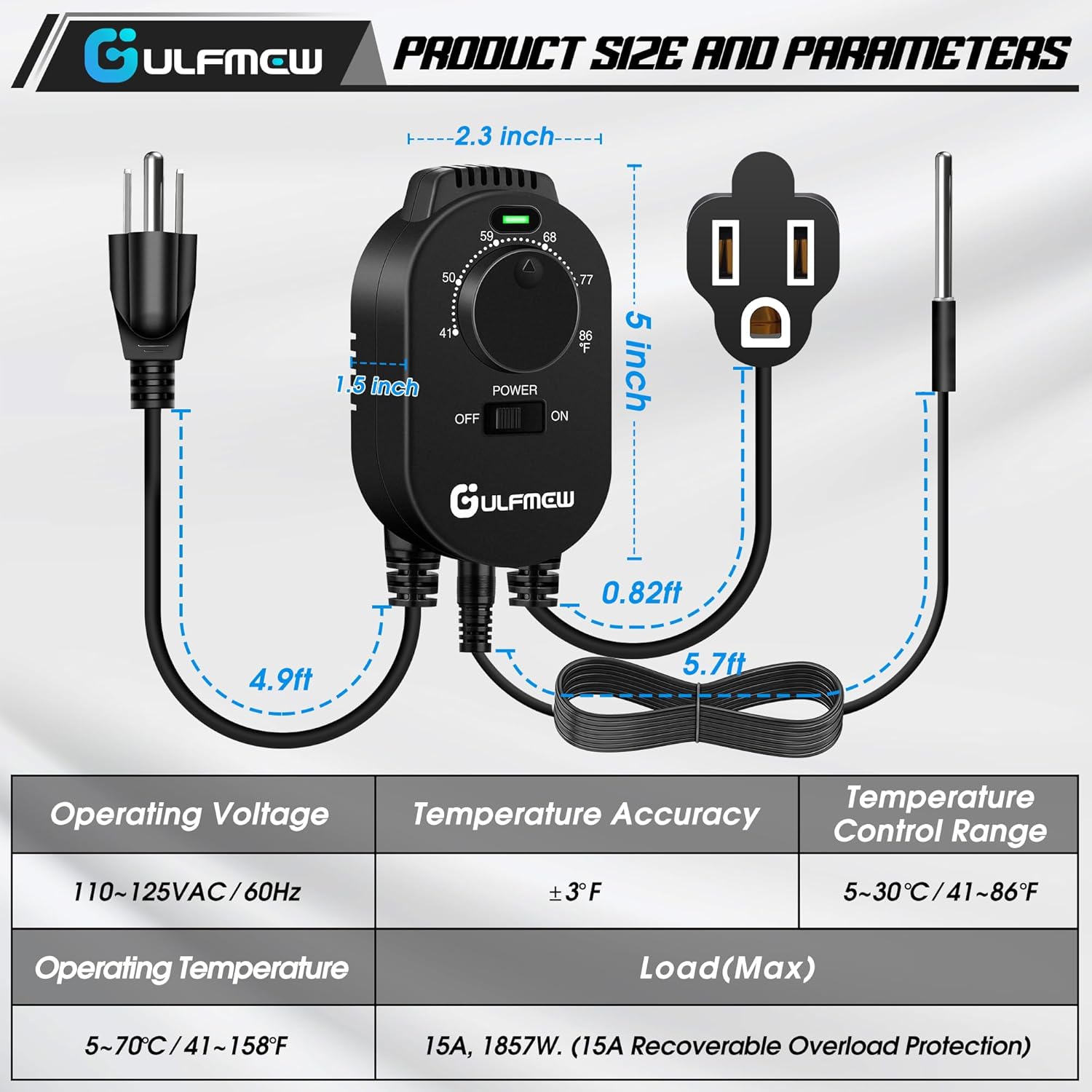 1 Pcs Thermostat Outlet for Heater, Temperature Controller Outlet with 4.9FT Power Cord, Heating and Cooling Thermostat Outlet with Temperature Probe for Space Heater, Greenhouse Fan (Black)