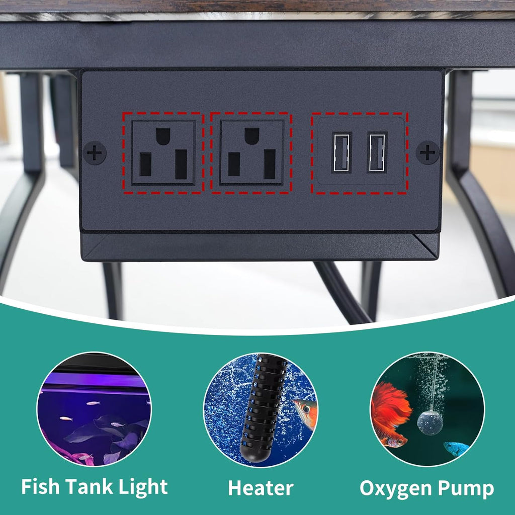 10 Gallon Aquarium Stand with Power Outlet, 3 Tier Heavy Duty Metal Fish Tank Stand with Storage, Fish Tank Table for Home Office, 21.3" x 11.8" x 29", Rustic Brown