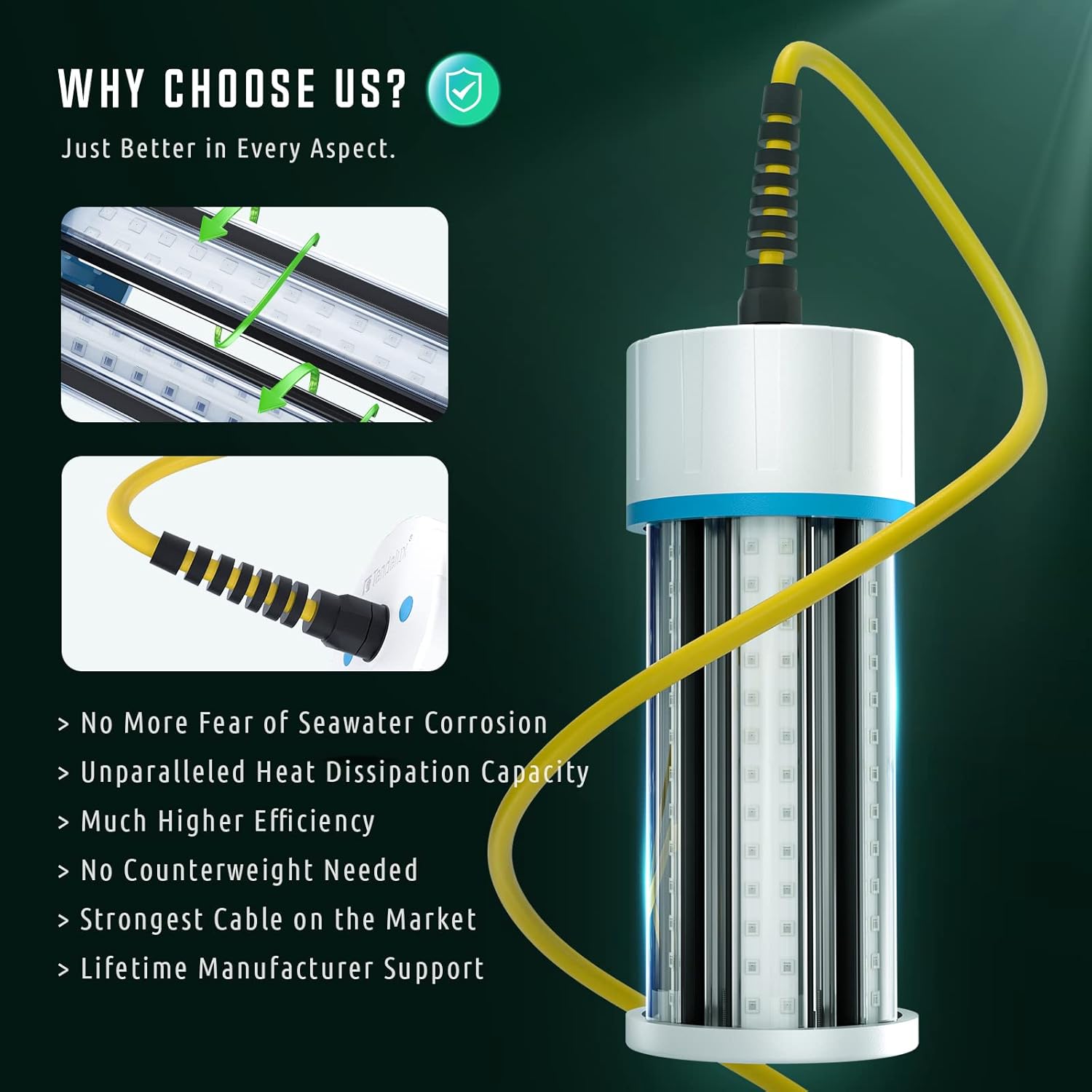 Underwater Fishing Light, 110V & 12V Super Bright Green LED Submersible Light Attractants for Docks, Boats or Kayaks, IP68 Rated for Fresh & Salt Water (30ft Cable)