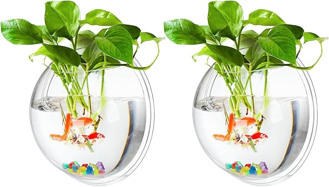 2Pcs 9in Wall Fish Tank, 0.5 Gallon Wall Fish Bubble Hanging, Wall Fish Bowl Clear Acrylic Vase Flower Betta Fish Tank Wall-Mounted Aquarium Wall Plant Pot Decoration Planter