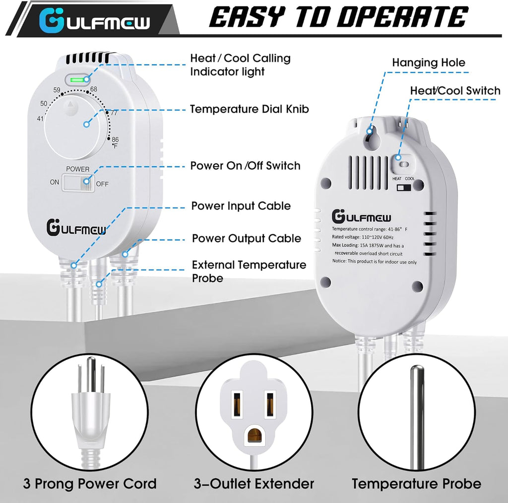 1 Pcs Thermostat Outlet for Heater, Temperature Controller Outlet with 4.9FT Power Cord, Heating and Cooling Thermostat Outlet with Temperature Probe for Space Heater, Greenhouse Fan (White)