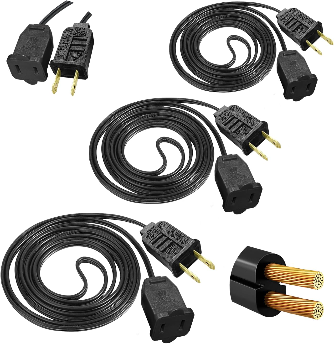#18 Gauge Black Extension Cord 6 Ft, Polarized Plug 2 Prong Extension Cord for Christmas Lights Indoor Outdoor Waterproof, 120Volts / 8Amps, Connect Up to 960Watts Holiday Light (3 Pack,Total 18Ft)