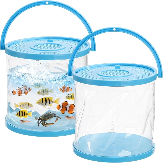 2 Pack Foldable Small Aquarium, Plastic Portable Fish Tank with Lid, Clear Fish Transport Container Fishing Bucket for Catch Release, Beach Travel, Lake, Outdoor, Blue