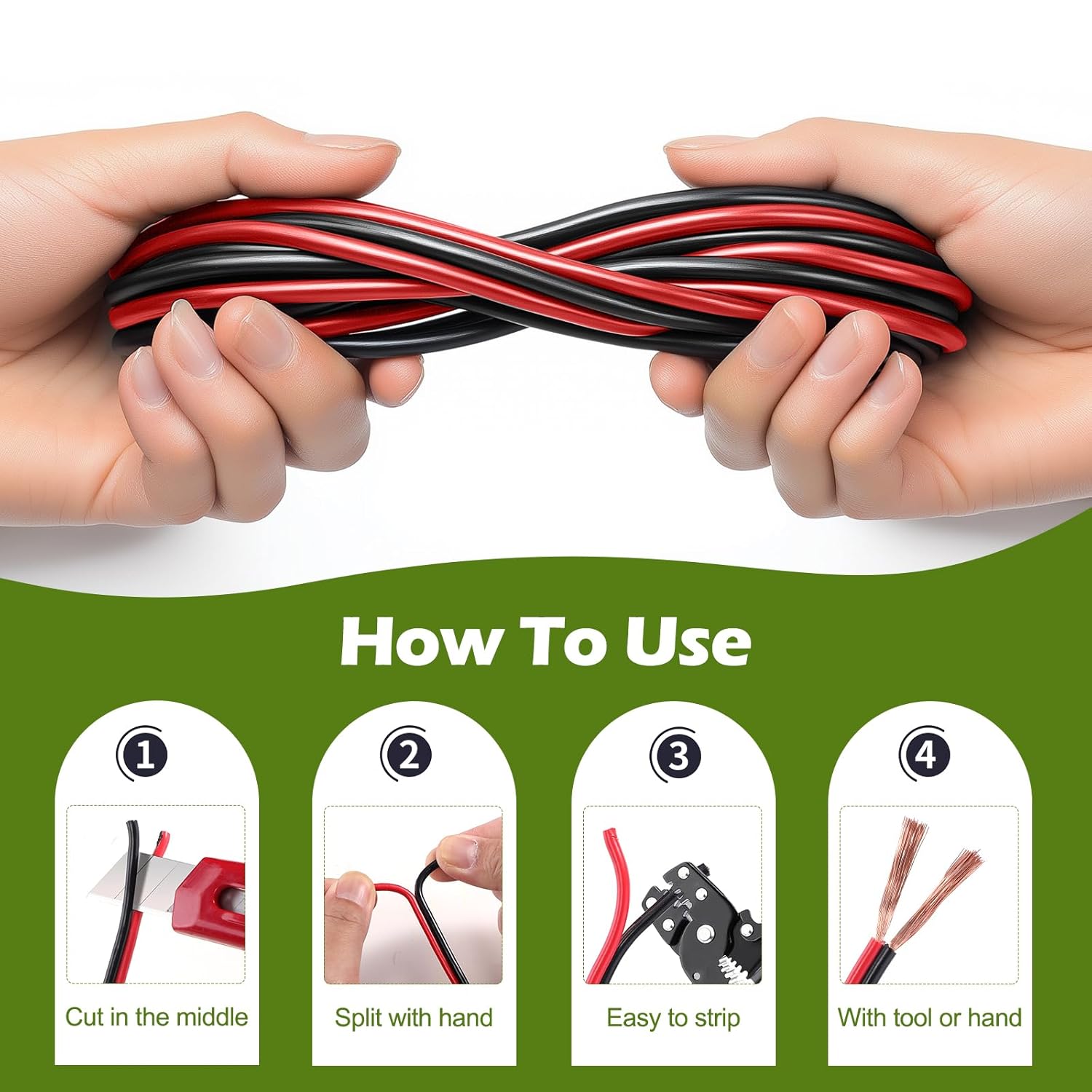 10 Gauge Wire 50FT, 10AWG Red Black Electrical Wire LED Strips Extension Cord 12V/24V DC Cable, 10 AWG 2 Conductors Flexible Low Voltage Wire for in-Home, Autos, Speaker use
