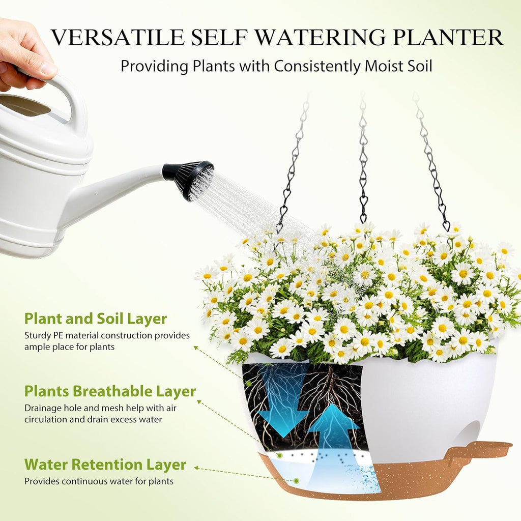 10 Inch Hanging Baskets 2 PC with Chains, Self-Watering Hanging Planters for Indoor Outdoor Plants, Plastic Hanging Flower Pots,White Brown