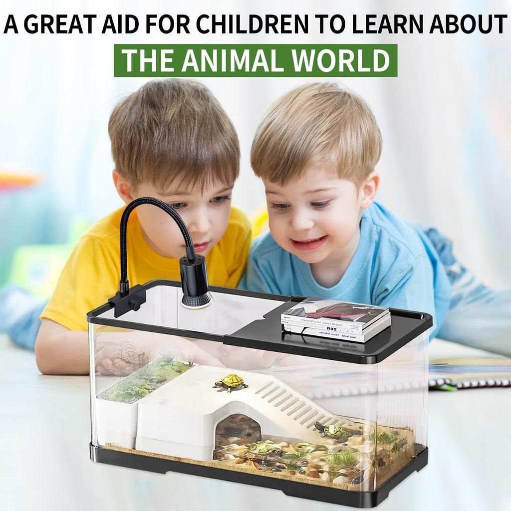 (Tank + Light + Filter + Filter Balls) Turtle Tank Kit, Turtle Tank Starter Kit,Bottom Drainage, Multi-Function Areas for Turtles, Crabs,Fishes, Amphibians,Reptiles.(15.75 x 8.64 x 8.64 Inch)