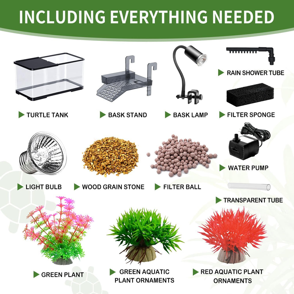 (Tank + Light +Pump + Filter Balls) Turtle Tank Kit, Turtle Tank Starter Kit,Bottom Drainage, Multi-Function Areas for Turtles, Crabs,Fishes, Amphibians,Reptiles. (11.81 x 7.88 x 7.88 Inch)