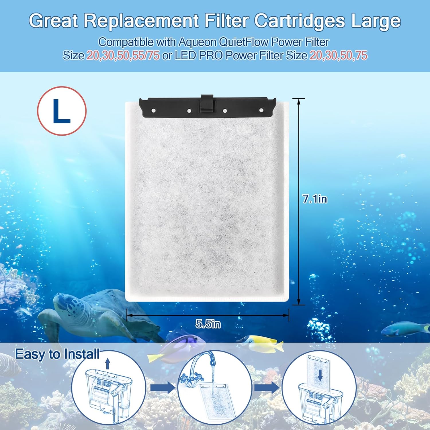 10 Pack Large Replacement Filters Cartridges Compatible with Aqueon QuietFlow Power Filter Size 20,30,50,55/75 or LED PRO Power Filter Size 20,30,50,75