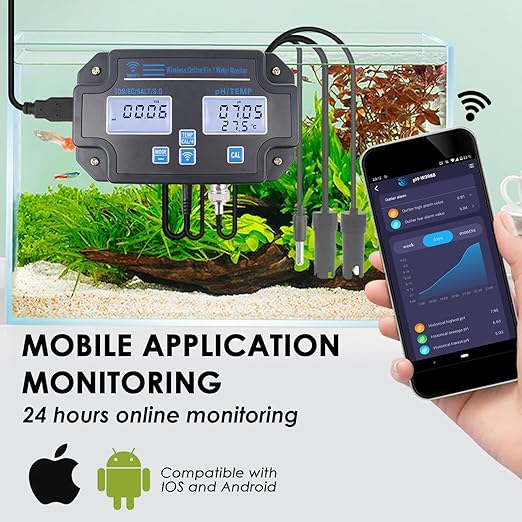 Water Quality Tester pH/EC/TDS/Salinity/SG/Temperature with Easy Calibration 24Hrs Online APP Monitoring for Fish Tank Aquariums Home Laboratory Smart Instrument