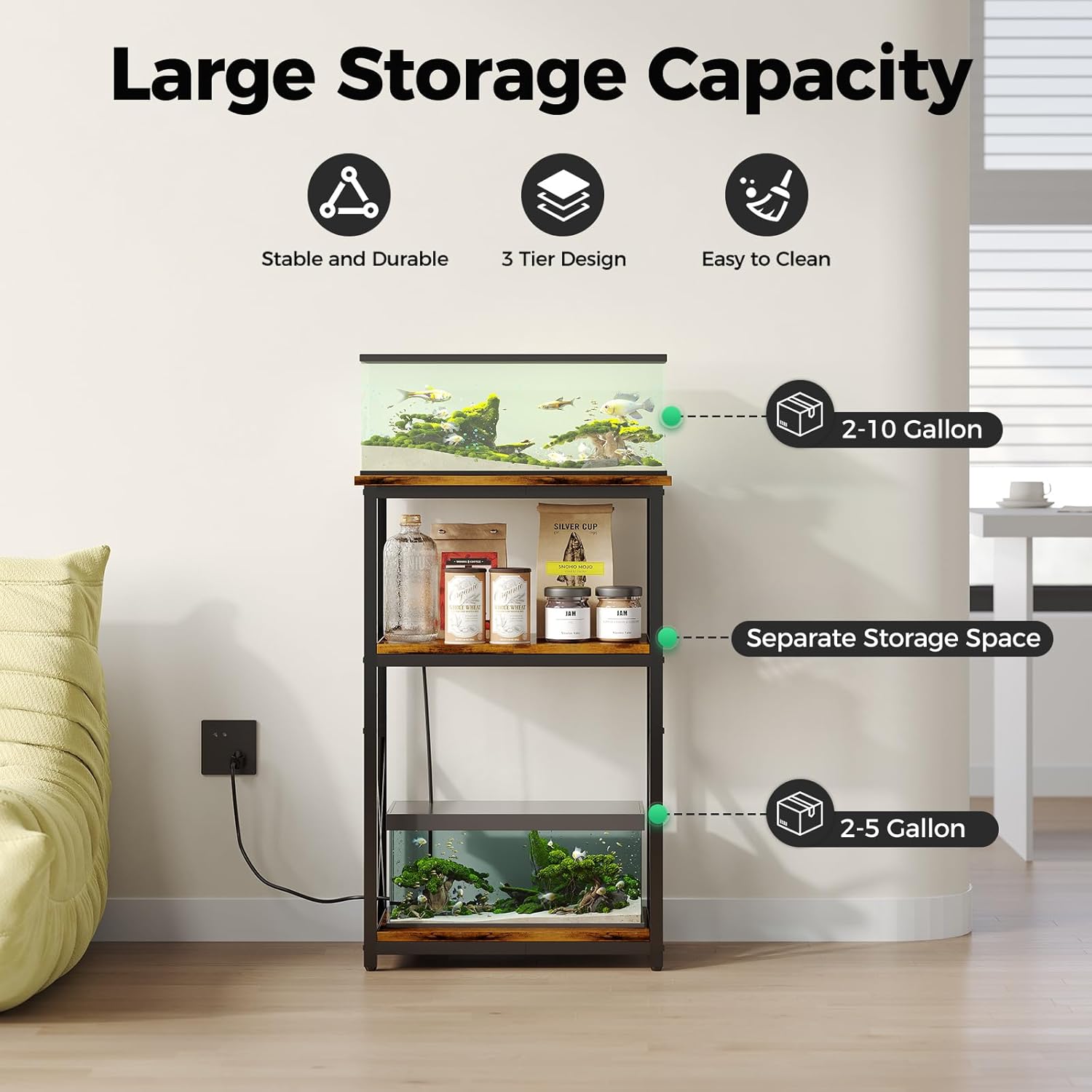 10 Gallon Fish Tank Stand with Power Outlet, 3 Tier Aquarium Stand with Shelf, Turtle/Reptile Tank Stand for Home Office,Adjustable Boards, 20.47''L×11.42''W×30.91''H, Retro Brown