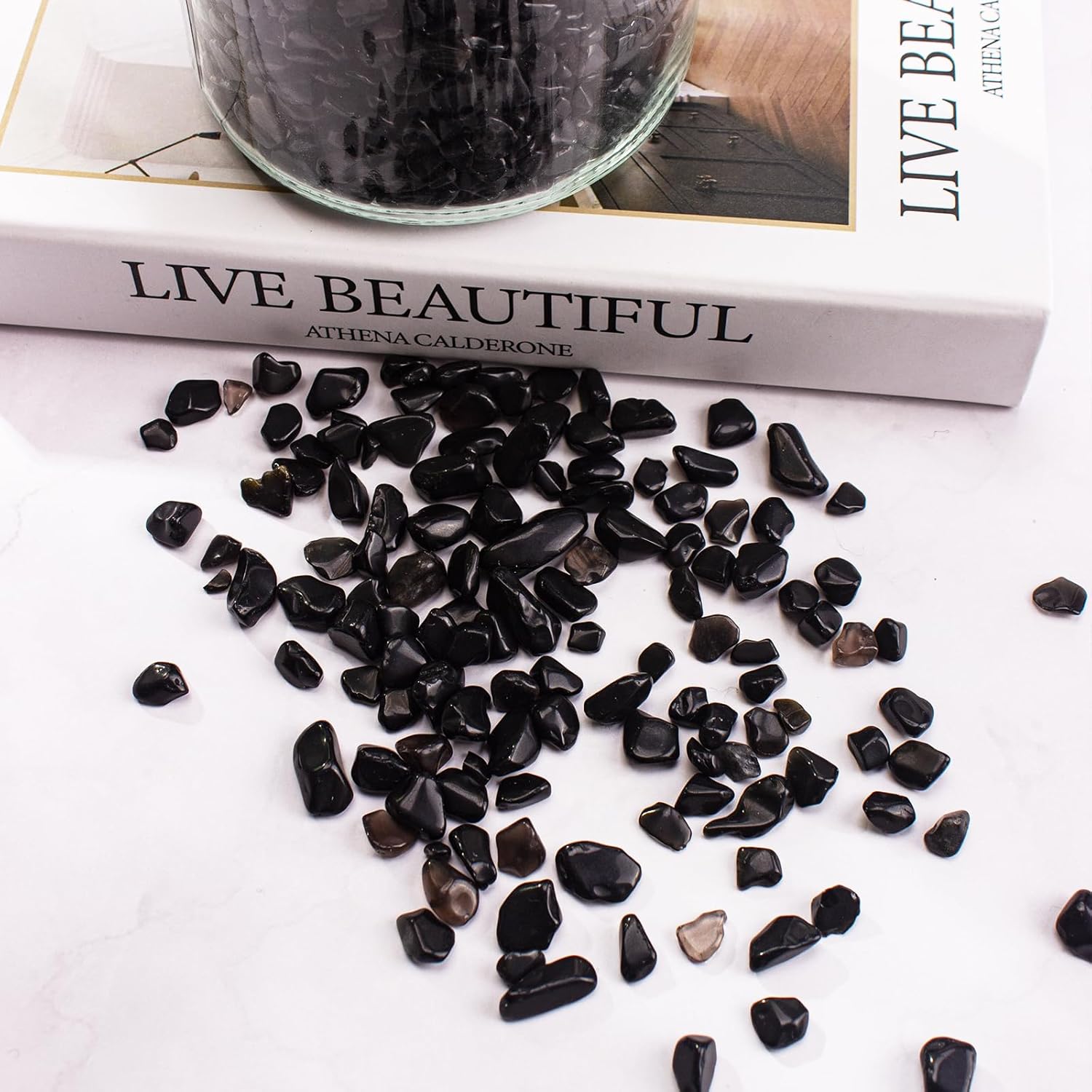 0.5 Lb/230g Black Aquarium Gravel Rocks Fish Tank Marbles Pebbles Small, Polished Natural Tumbled Healing Crystal Chips Bulk Crushed Stones for Crafts|Fish Turtle Tank|Home Decoration - 7-9m