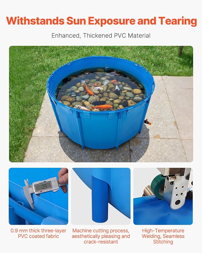 VEVOR Canvas Fish Pond, 818 Gal Capacity Above Ground Fish Pond, Foldable PVC Koi Tank, Round Goldfish Tank with Stable Frame and Drain Valve, for Aquaculture, Koi Breeding, and Irrigation