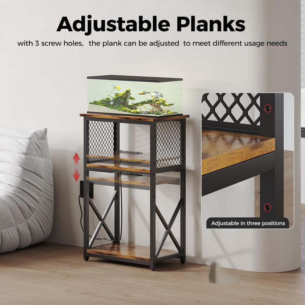 10 Gallon Fish Tank Stand with Power Outlet, 3 Tier Aquarium Stand with Shelf, Turtle/Reptile Tank Stand for Home Office,Adjustable Boards, 20.47''L×11.42''W×30.91''H, Retro Brown