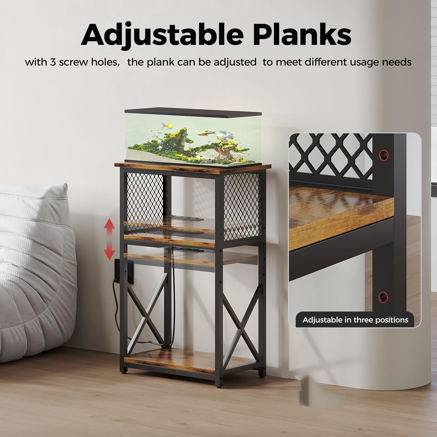 10 Gallon Fish Tank Stand with Power Outlet, 3 Tier Aquarium Stand with Shelf, Turtle/Reptile Tank Stand for Home Office,Adjustable Boards, 20.47''L×11.42''W×30.91''H, Retro Brown