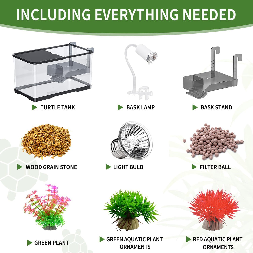 (Tank + Light + Filter Balls) Turtle Tank Kit, Turtle Tank Starter Kit,Bottom Drainage, Multi-Function Areas for Turtles, Crabs,Fishes, Amphibians,Reptiles. (11.81 × 7.88 × 7.88 Inch)