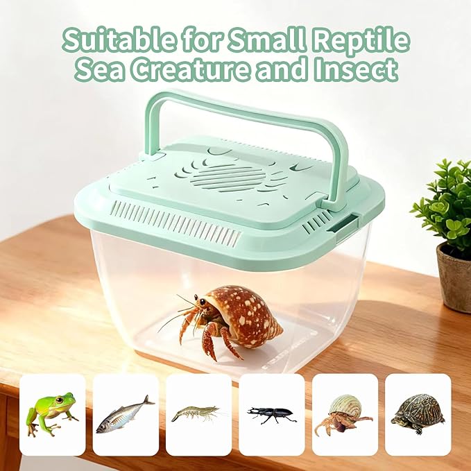 4 Pack Transparent Plastic Terrariums Carrier Cage with Handle, Fish Transport Container, Portable Tank for Hermit Crab, Fish and Other Sea Creature or Insect (2 Large + 2 Small)