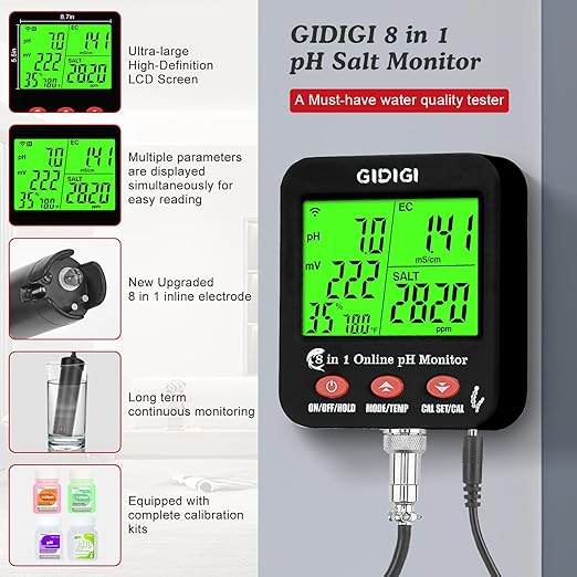 WiFi pH Salt Monitor Smart Water Quality Hydroponic pH EC Meter Digital pH TDS Salt EC Salt ORP Tester with Calibration Solution Kits for Fish Tank Salinity Tester for Saltwater Aquarium