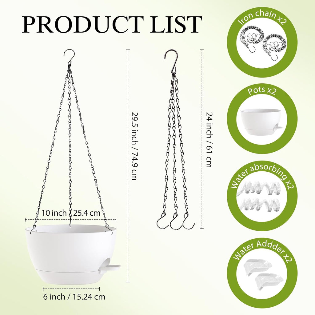 10 Inch Hanging Baskets 2 PC with Chains, Self-Watering Hanging Planters for Indoor Outdoor Plants, Plastic Hanging Flower Pots,White