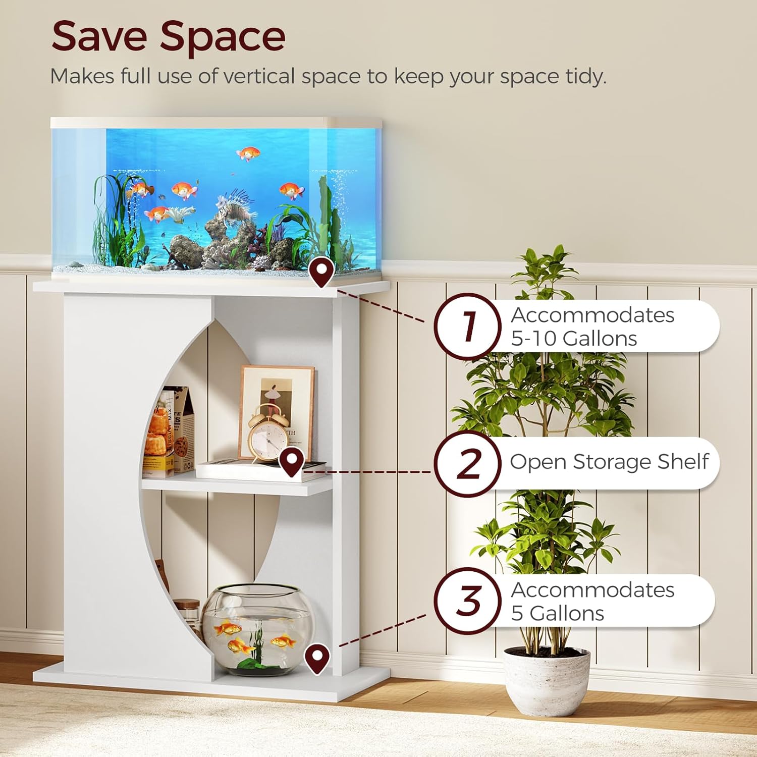 10 Gallon Fish Tank Stand, Wooden Aquarium Stand with 3-Tier Storage Shelves, Heavy Duty Turtle Reptile Terrarium Tank Stand for Home Office, 23.6" L x 11.8" W x 29.9" H, White FTWT7601