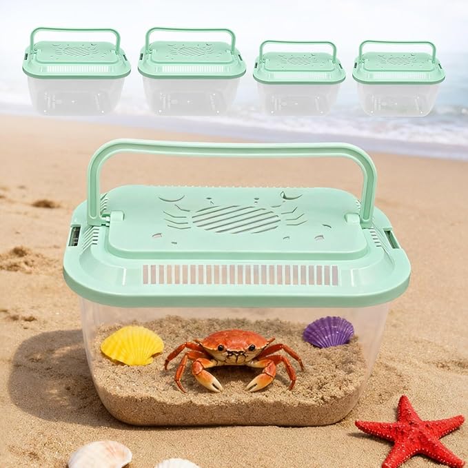4 Pack Transparent Plastic Terrariums Carrier Cage with Handle, Fish Transport Container, Portable Tank for Hermit Crab, Fish and Other Sea Creature or Insect (2 Large + 2 Small)