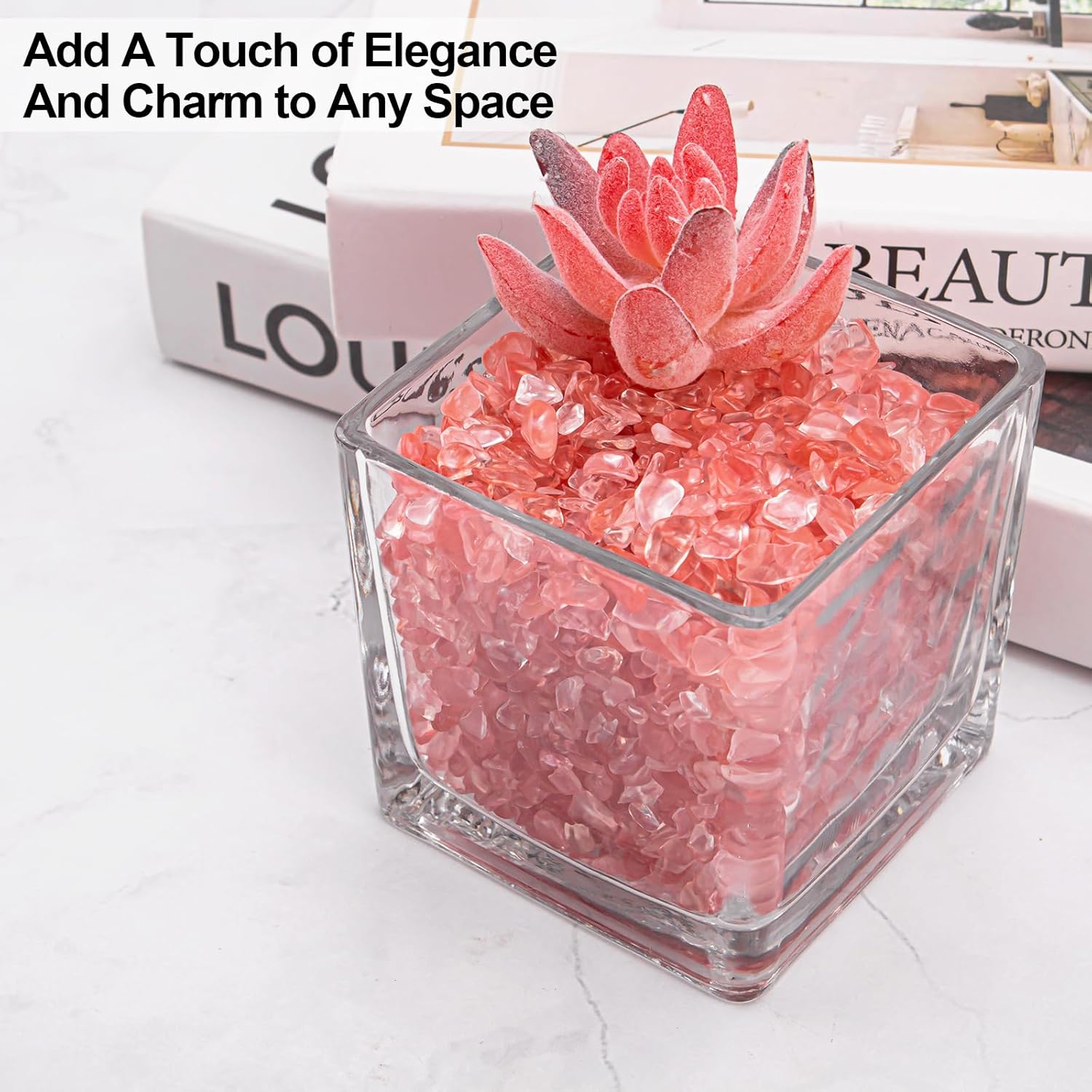0.88 Lb Red Crystal Chips Stone Crushed Quartz Glass, Small Decorative Pebbles Bulk Tumbled Stones Polished Rocks Pieces for Crafts, Vases Filler, Succulent Plants, Aquarium Gravel Rocks