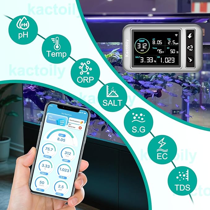 kactoily Smart Aquarium Monitor, Multi-Parameter Fish Tank Water Tester for pH, Salinity, SG, ORP, TDS, EC & Temp with Real-Time App Alerts