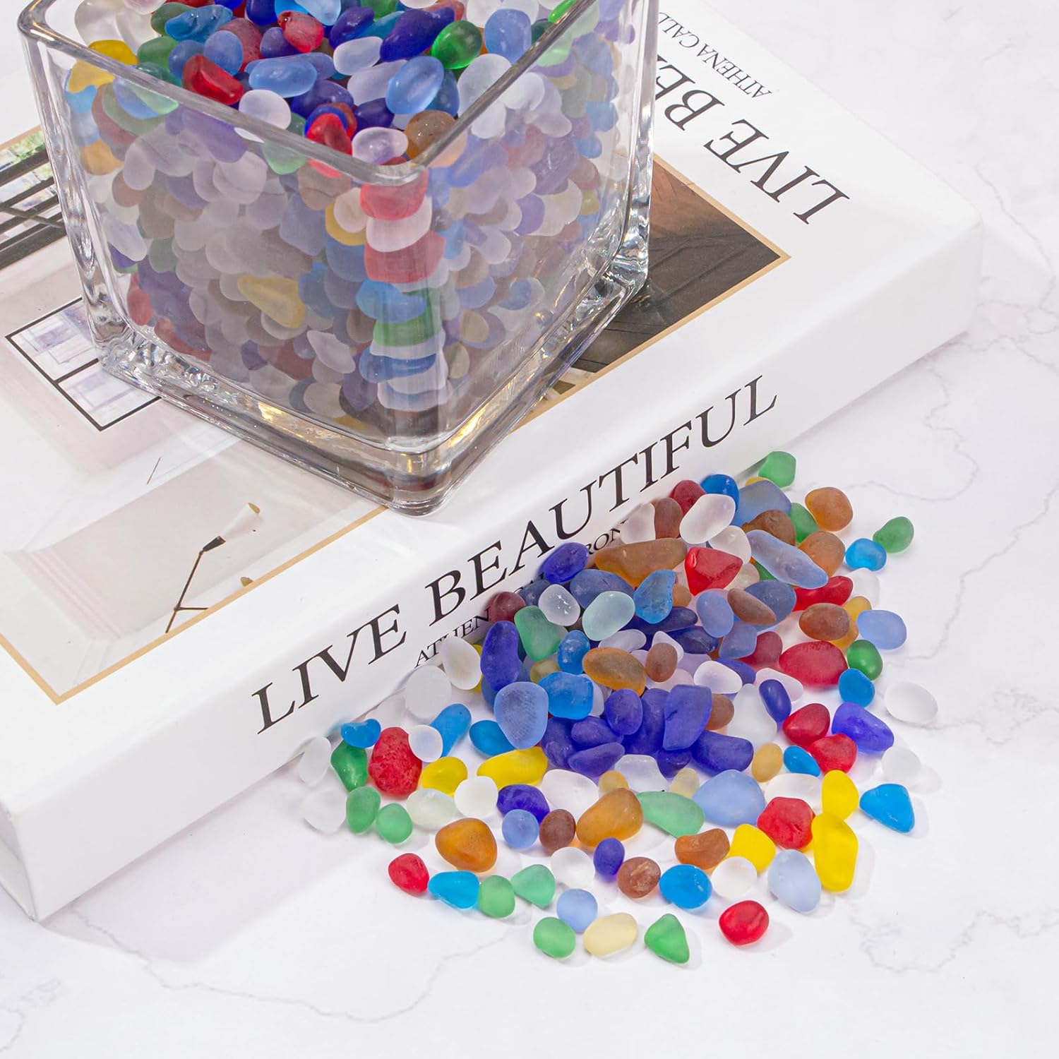 0.9 Lb Rainbow Fish Tank Rocks Gravel for Aquarium, Frosted Sea Glass Stones Pebbles Betta Fish Tank Beads Glass Gemstones for Vase Fillers, DIY Crafts, Home Decor