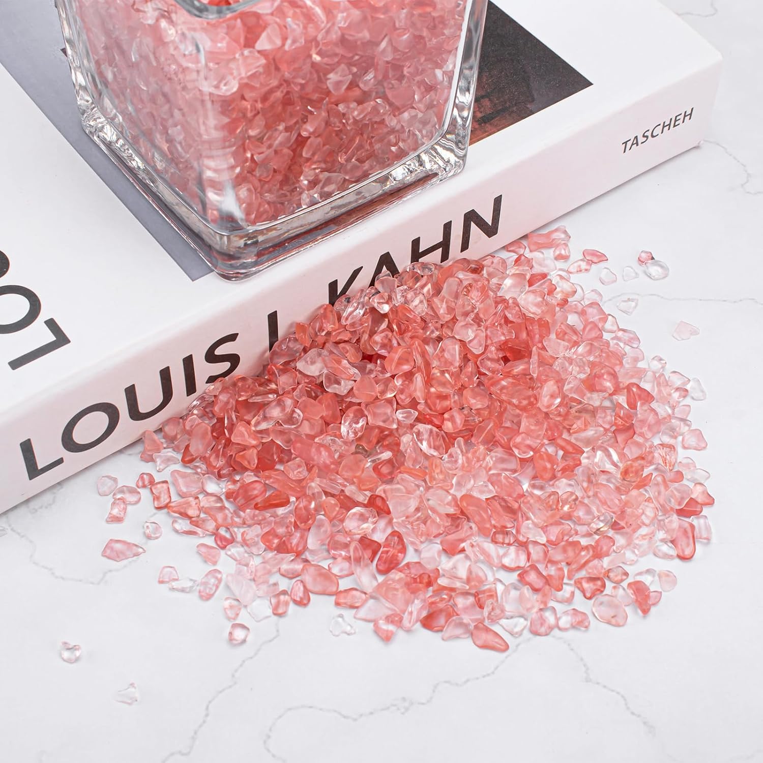 0.88 Lb Red Crystal Chips Stone Crushed Quartz Glass, Small Decorative Pebbles Bulk Tumbled Stones Polished Rocks Pieces for Crafts, Vases Filler, Succulent Plants, Aquarium Gravel Rocks