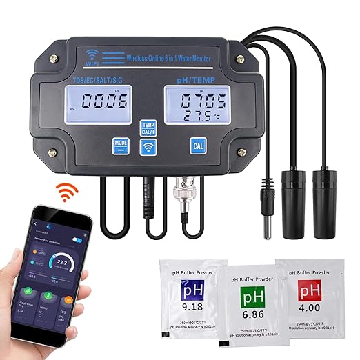 Water Quality Tester pH/EC/TDS/Salinity/SG/Temperature with Easy Calibration 24Hrs Online APP Monitoring for Fish Tank Aquariums Home Laboratory Smart Instrument