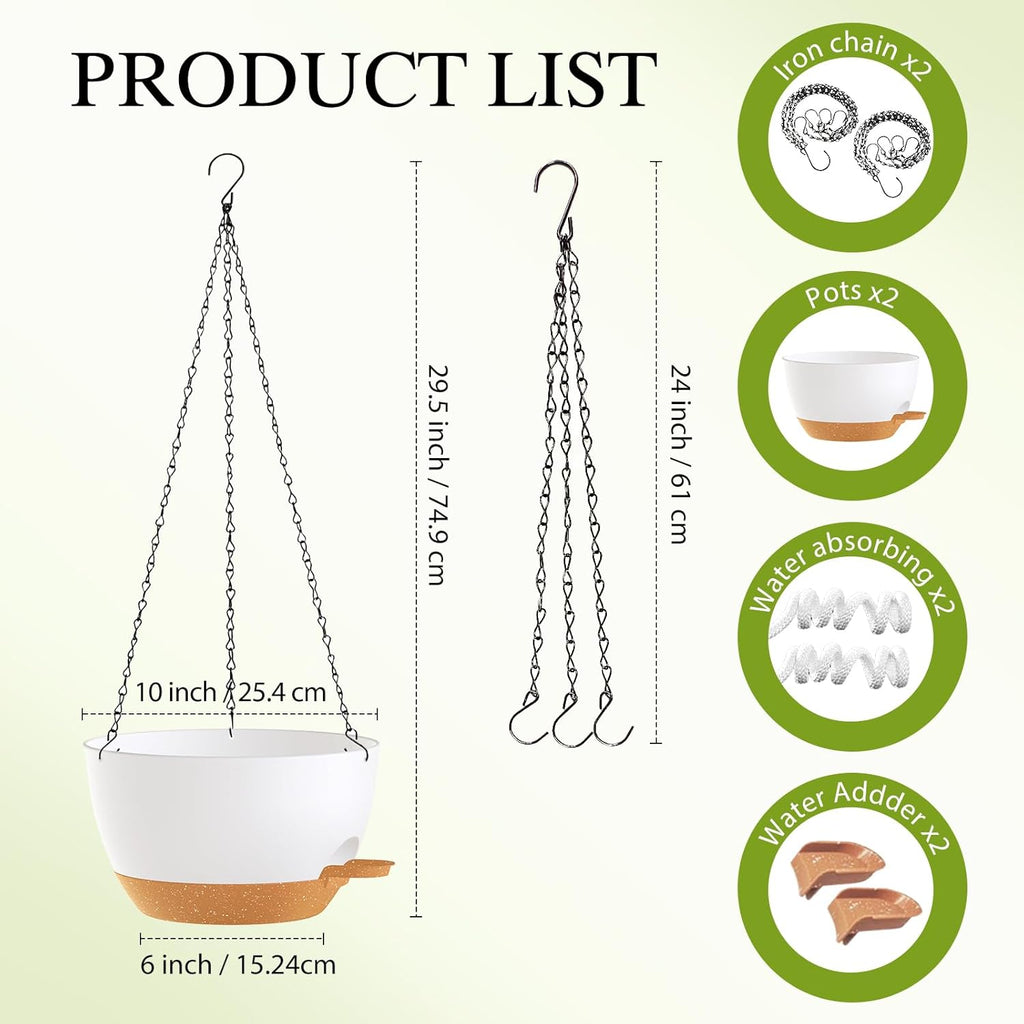 10 Inch Hanging Baskets 2 PC with Chains, Self-Watering Hanging Planters for Indoor Outdoor Plants, Plastic Hanging Flower Pots,White Brown