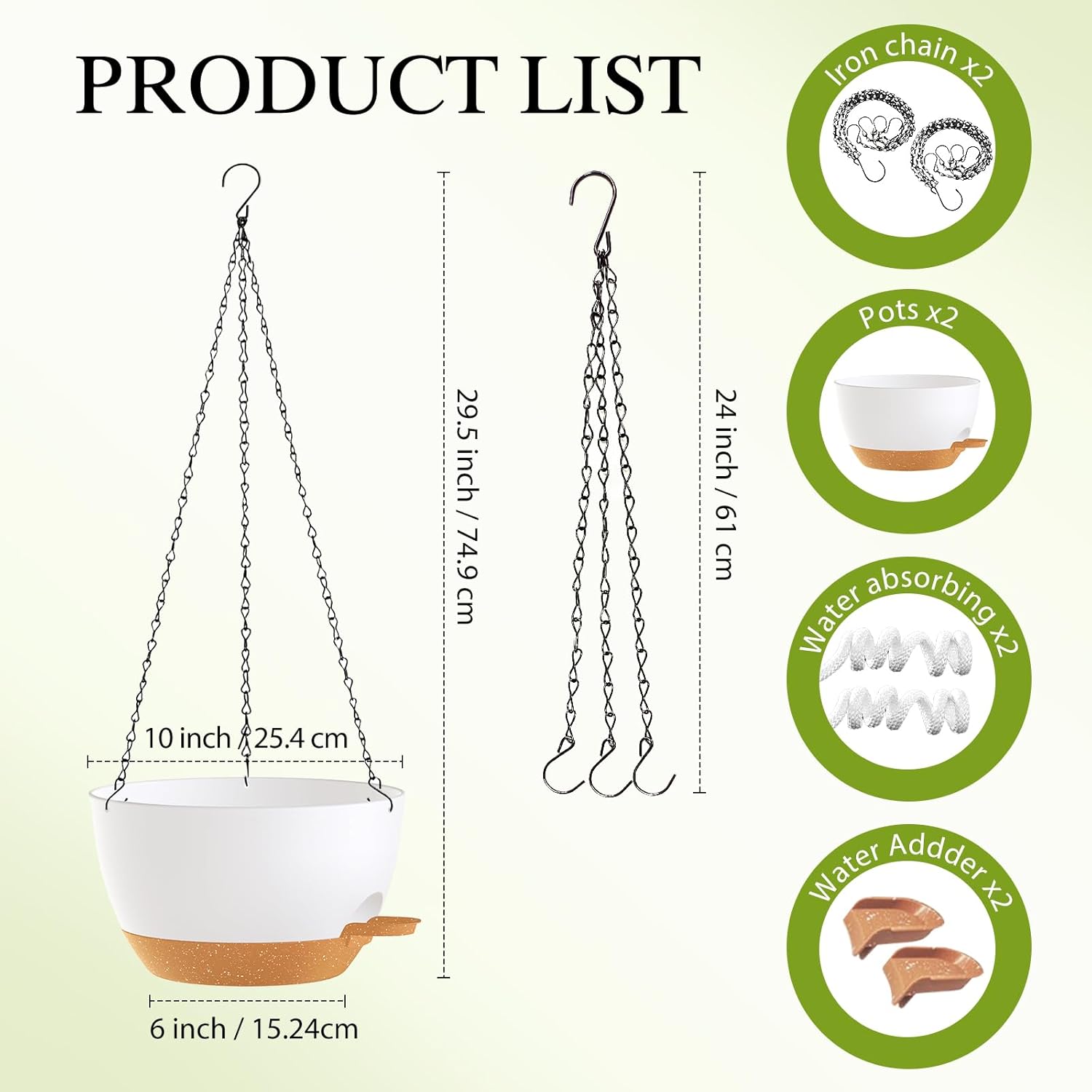 10 Inch Hanging Baskets 2 PC with Chains, Self-Watering Hanging Planters for Indoor Outdoor Plants, Plastic Hanging Flower Pots,White Brown