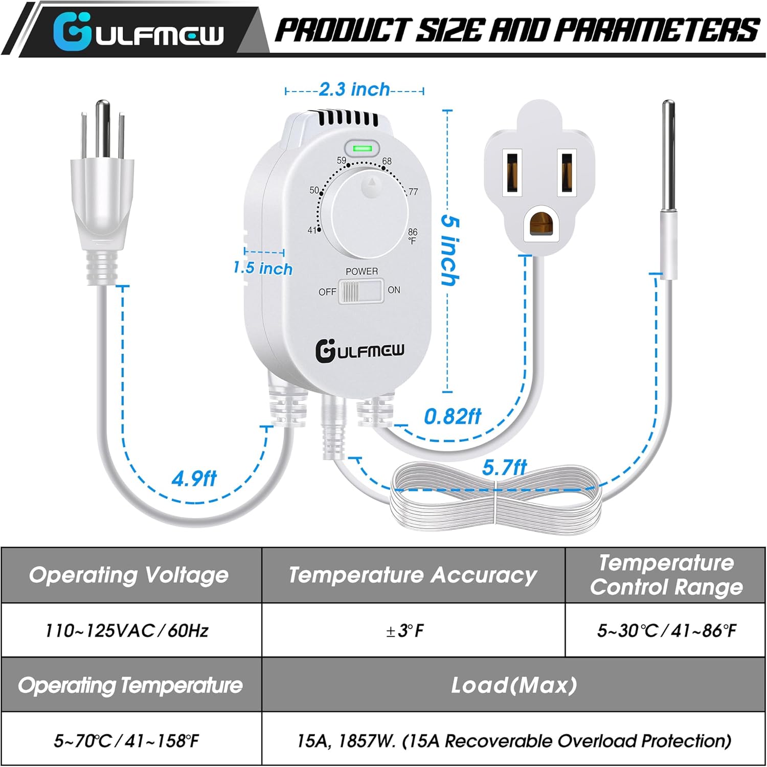 1 Pcs Thermostat Outlet for Heater, Temperature Controller Outlet with 4.9FT Power Cord, Heating and Cooling Thermostat Outlet with Temperature Probe for Space Heater, Greenhouse Fan (White)