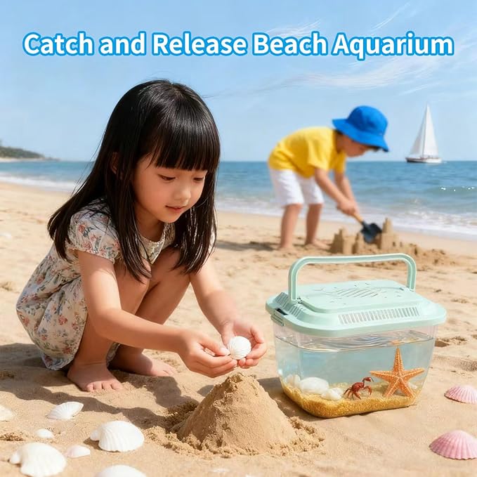 4 Pack Transparent Plastic Terrariums Carrier Cage with Handle, Fish Transport Container, Portable Tank for Hermit Crab, Fish and Other Sea Creature or Insect (2 Large + 2 Small)