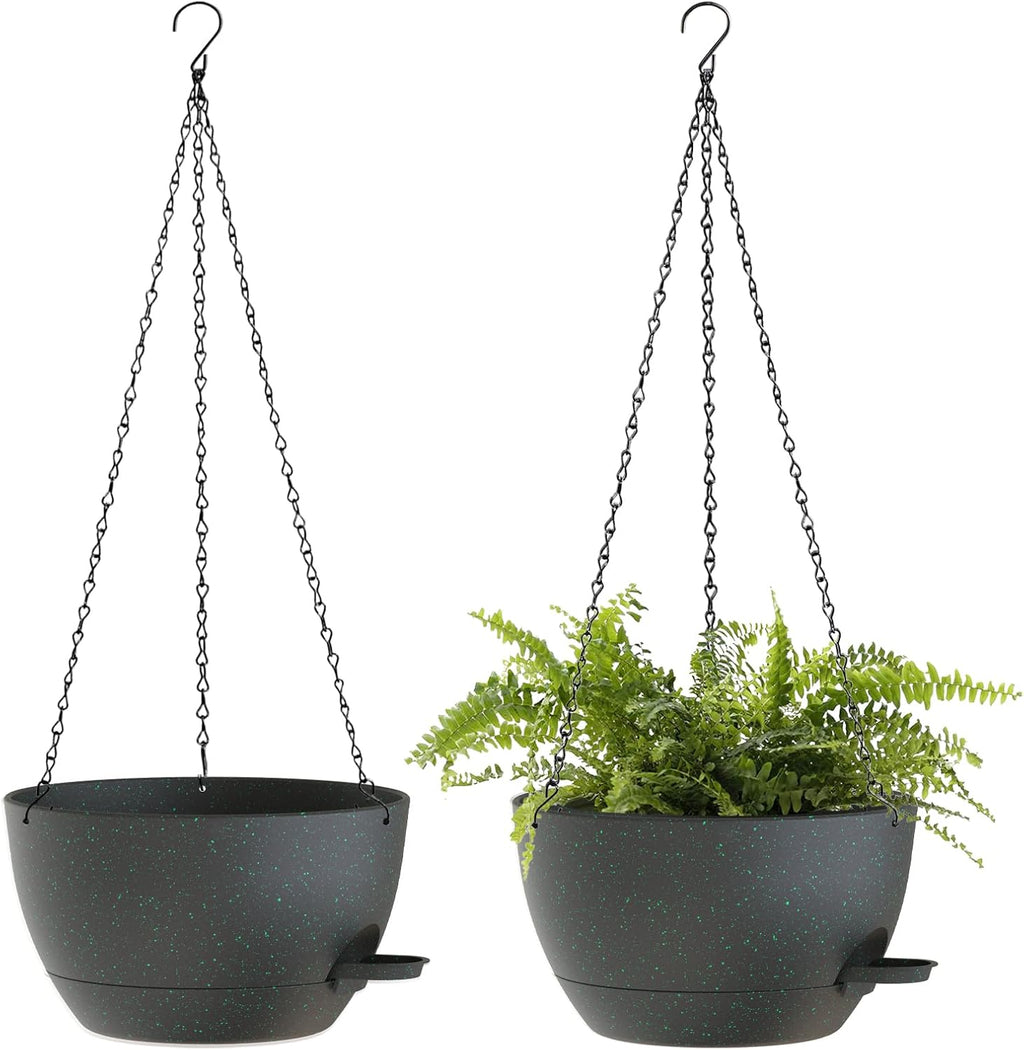 10 Inch Hanging Baskets 2 PC with Chains, Self-Watering Hanging Planters for Indoor Outdoor Plants, Plastic Hanging Flower Pots,Black with Green Speckles
