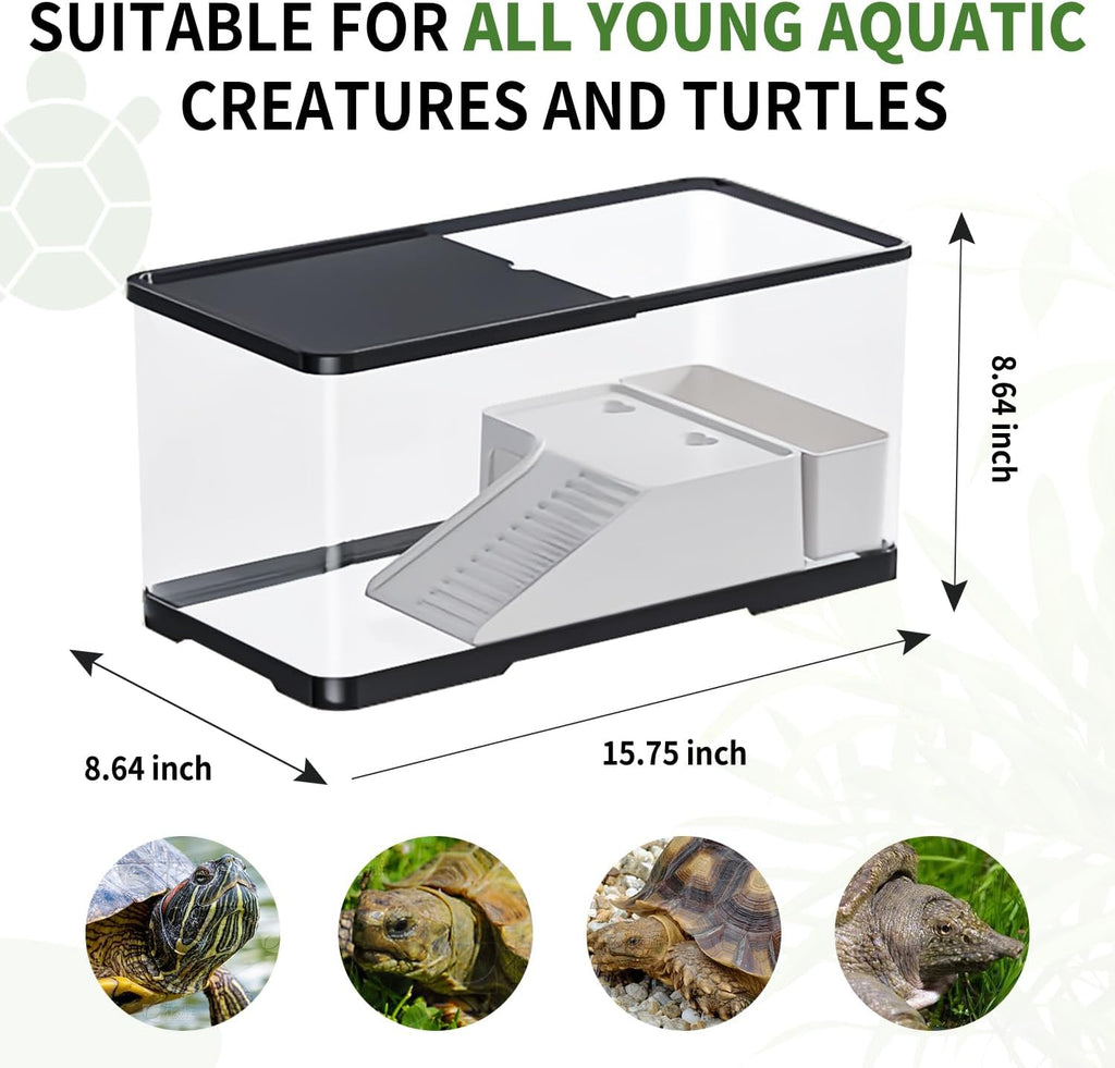 (Tank + Light + Filter + Filter Balls) Turtle Tank Kit, Turtle Tank Starter Kit,Bottom Drainage, Multi-Function Areas for Turtles, Crabs,Fishes, Amphibians,Reptiles.(15.75 x 8.64 x 8.64 Inch)