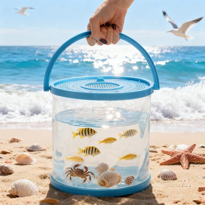 2 Pack Foldable Small Aquarium, Plastic Portable Fish Tank with Lid, Clear Fish Transport Container Fishing Bucket for Catch Release, Beach Travel, Lake, Outdoor, Blue