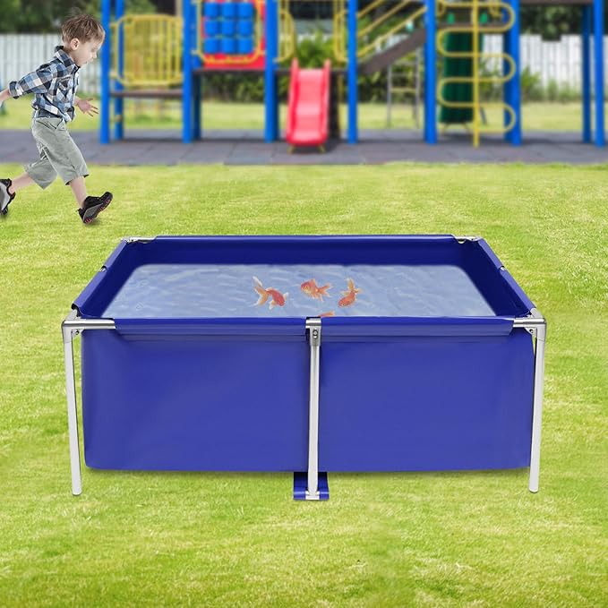 Canvas Fish Pond | Above Ground Fish Pond | Blue Aquarium Pool | Rectangular Goldfish Tank with Steel Frame & Drain Valve | for Breeding Koi, Irrigation | 47.2" L x 31.4" W x 19.6" H