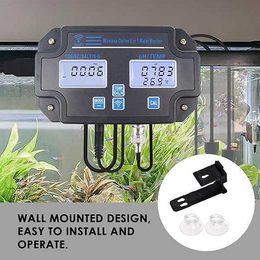 Water Quality Tester pH/EC/TDS/Salinity/SG/Temperature with Easy Calibration 24Hrs Online APP Monitoring for Fish Tank Aquariums Home Laboratory Smart Instrument