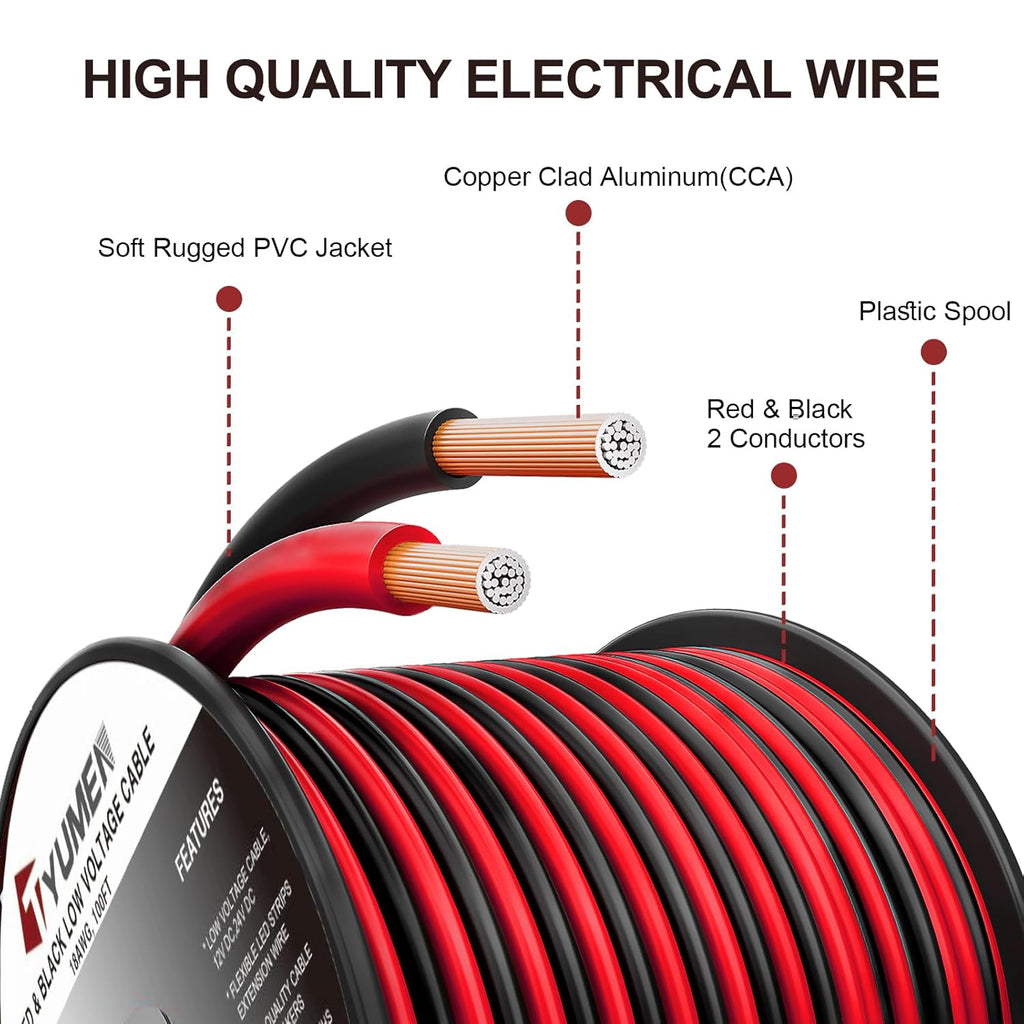 10 Gauge Wire 25FT, 10AWG Red Black Electrical Wire LED Strips Extension Cord 12V/24V DC Cable, 10 AWG 2 Conductors Flexible Low Voltage Wire for in-Home, Autos, Speaker use
