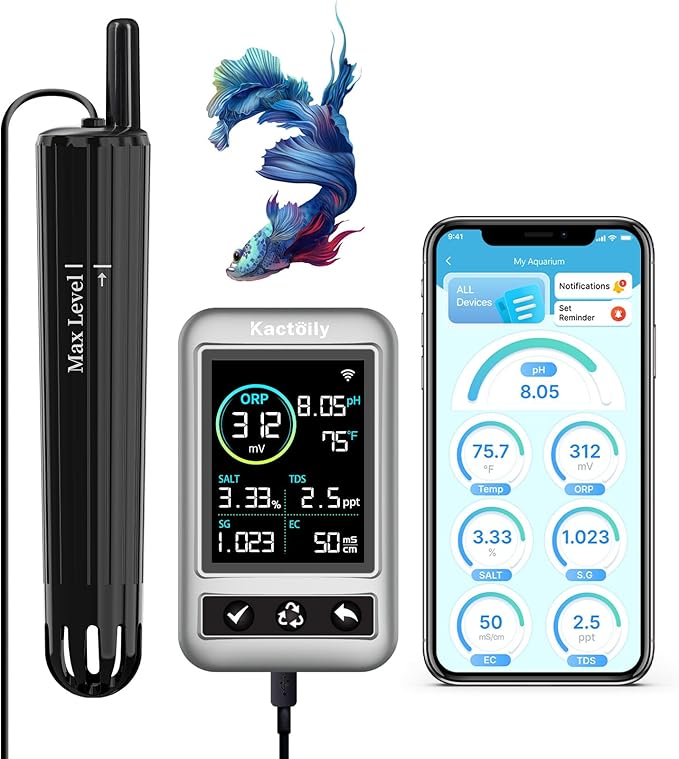 kactoily Digital Aquarium Water Tester, Salinity pH ORP TDS EC Temp Multi-Parameter Tester for Freshwater Saltwater Fish Tanks Real-Time Alerts