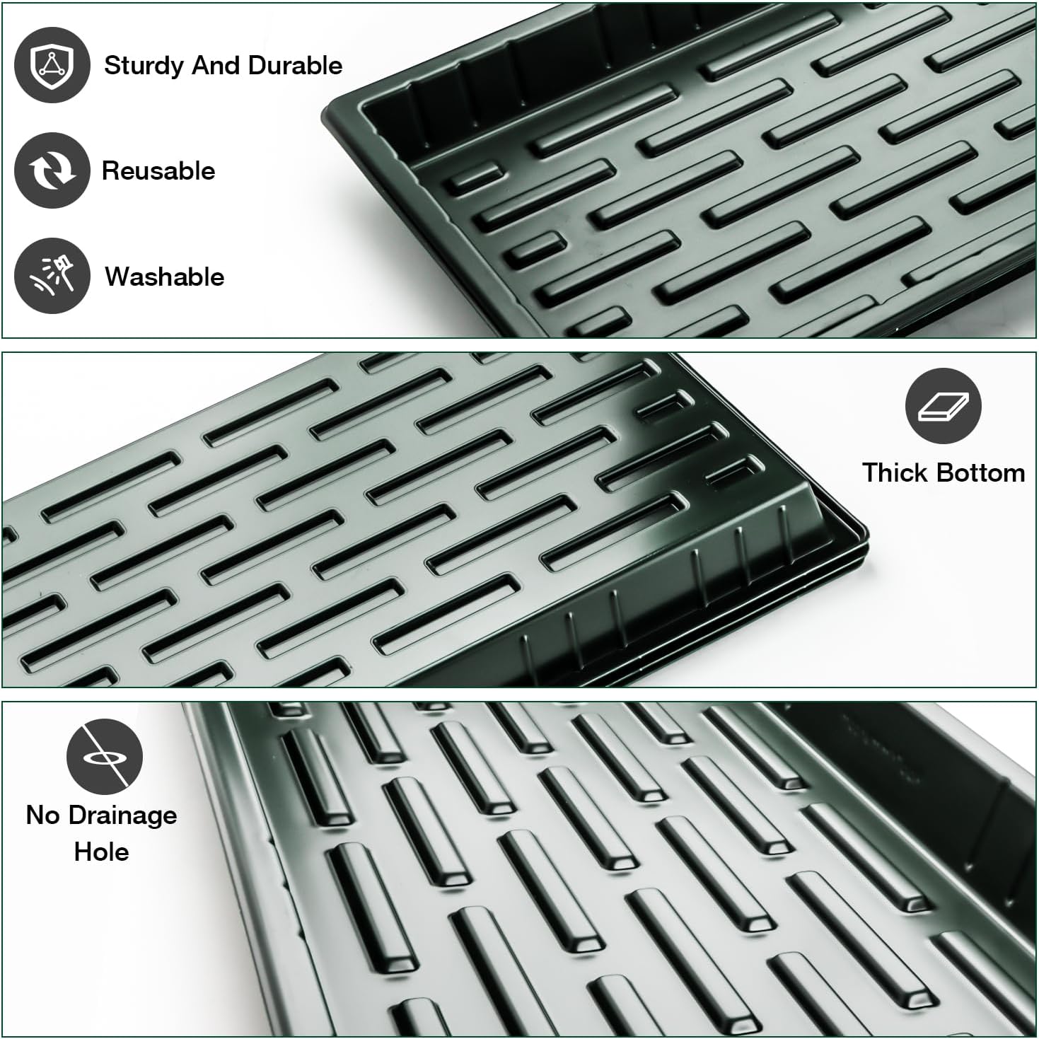 10 Pack Shallow 1020 Trays No Holes - Reusable 1.6" Deep Nursery Flats for 72/128 Cell Plug Tray, Heavy Duty Seed Starter Trays for Microgreens, Hydroponics & Seed Germination (Dark Green)