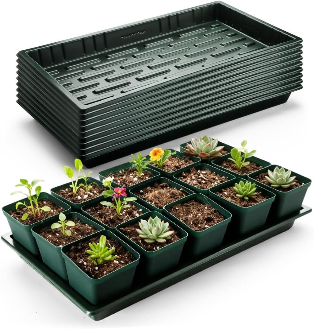 10 Pack Shallow 1020 Trays No Holes - Reusable 1.6" Deep Nursery Flats for 72/128 Cell Plug Tray, Heavy Duty Seed Starter Trays for Microgreens, Hydroponics & Seed Germination (Dark Green)