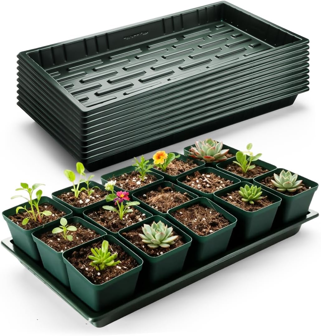 10 Pack Shallow 1020 Trays No Holes - Reusable 1.6" Deep Nursery Flats for 72/128 Cell Plug Tray, Heavy Duty Seed Starter Trays for Microgreens, Hydroponics & Seed Germination (Dark Green)