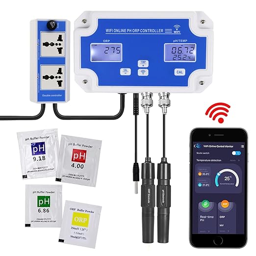Smart pH ORP Controller Aquarium pH Monitor Wi-Fi for pH/ORP/Temp Measurements in Water w/Calibration, 3 in 1 Nutrient System Dual-Plug Fit with CO2 Bottle & O3 Generator for Hydroponics Plants