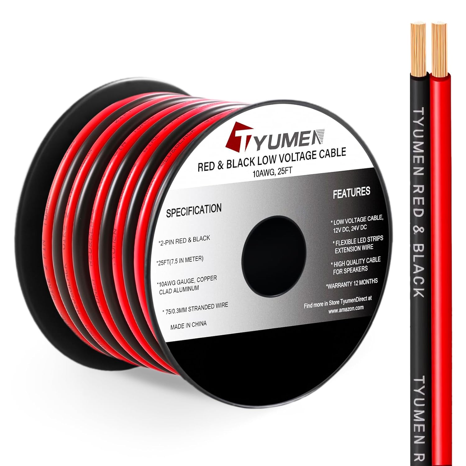 10 Gauge Wire 25FT, 10AWG Red Black Electrical Wire LED Strips Extension Cord 12V/24V DC Cable, 10 AWG 2 Conductors Flexible Low Voltage Wire for in-Home, Autos, Speaker use