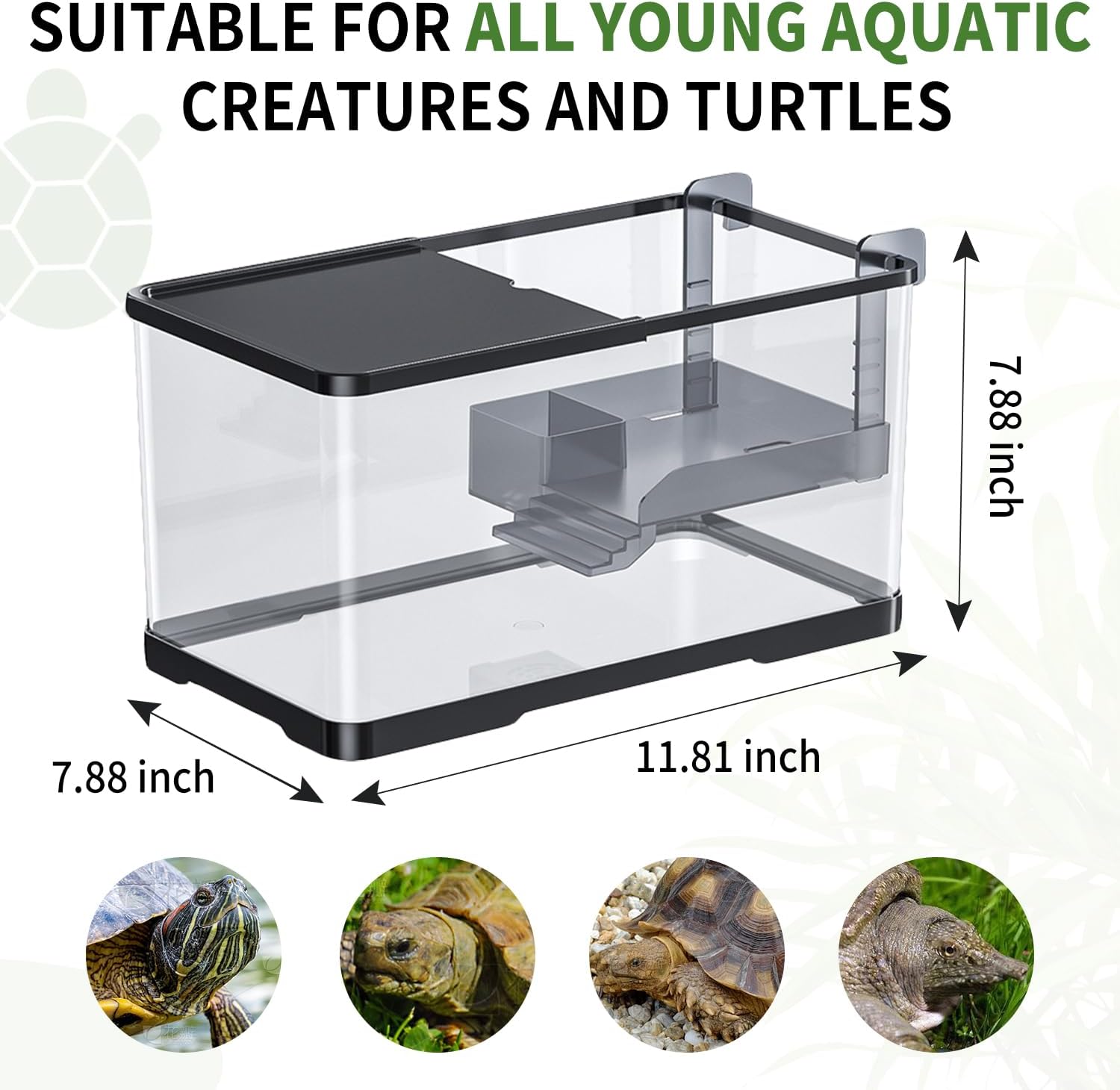 (Tank + Light + Filter Balls) Turtle Tank Kit, Turtle Tank Starter Kit,Bottom Drainage, Multi-Function Areas for Turtles, Crabs,Fishes, Amphibians,Reptiles. (11.81 × 7.88 × 7.88 Inch)