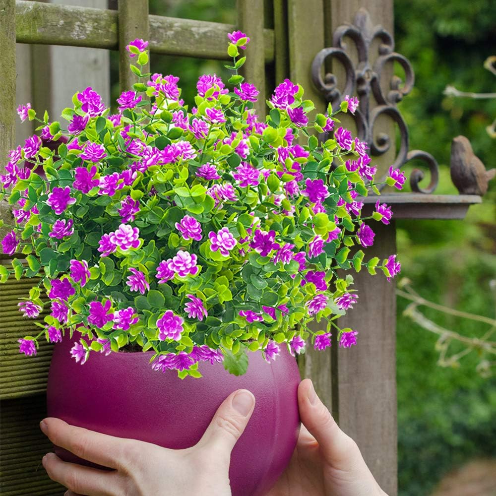 10 Bundles Artificial Fake Flowers, Faux Outdoor Plastic Plants UV Resistant Shrubs Outside Indoor Decorations (Purple-Eucalyptus)