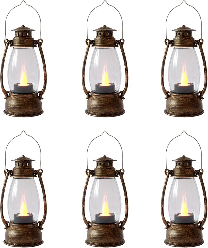 (12 Pcs-5.1in) Mini Lanterns for Vintage Western Christmas Decor, Lightweight Bronze Small LED Lanterns Decorative Indoor & Outdoor Hanging Ornaments for Weddings Party Halloween Decorations