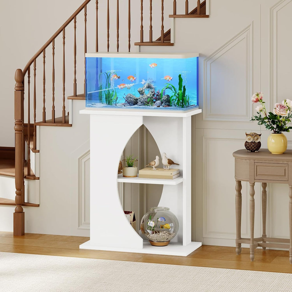 10 Gallon Fish Tank Stand, Wooden Aquarium Stand with 3-Tier Storage Shelves, Heavy Duty Turtle Reptile Terrarium Tank Stand for Home Office, 23.6" L x 11.8" W x 29.9" H, White FTWT7601